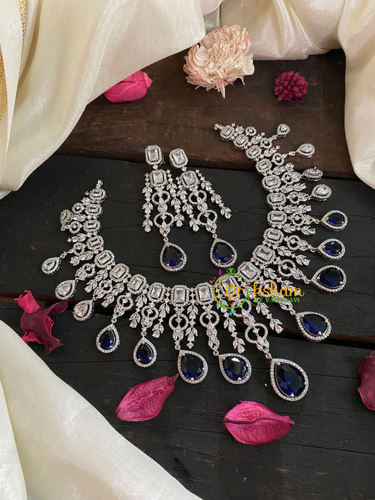 Blue American Diamond Bridal Choker-Short Neckpiece-White Tone-G4377