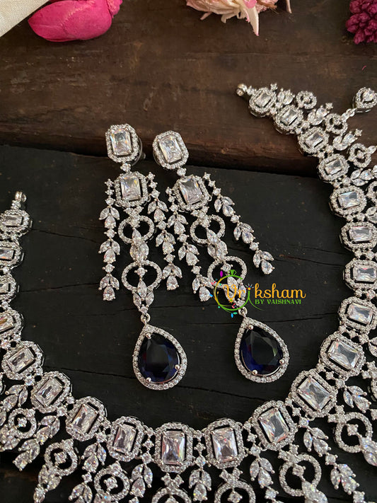 Blue American Diamond Bridal Choker-Short Neckpiece-White Tone-G4377