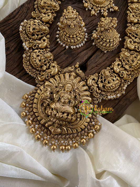 Antique Nakshi Lakshmi Haram-Nagas Neckpiece-Gold Bead Pearls-G9720