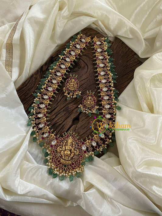AD Stone Maanga Haram with Ganesh Pendant -Green Bead Finish-G9725