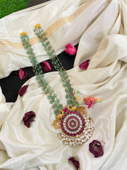 Exquisite Jadau Kundan Pendant Green Bead Mala-Pink Green-J355