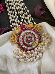 Exquisite Jadau Kundan Pendant Pearl Mala-Pink Green-J354