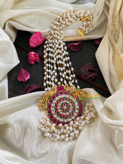 Exquisite Jadau Kundan Pendant Pearl Mala-Pink Green-J354