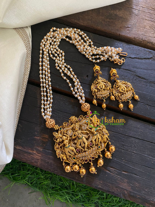 Narthana Shri Vishnu Pendant Pearl Malai -Gold Beads-G3552