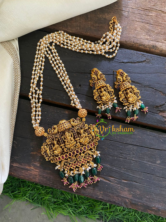 Temple Pendant Pearl Malai -Green and Pink Beads-G3553