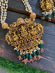 Temple Pendant Pearl Malai -Green and Pink Beads-G3553