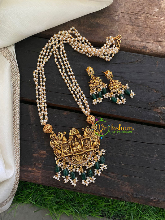 Temple Pendant Pearl Malai -Green Beads and Pearl -G3555