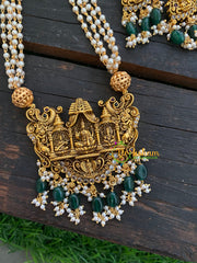 Temple Pendant Pearl Malai -Green Beads and Pearl -G3555