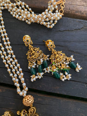 Temple Pendant Pearl Malai -Green Beads and Pearl -G3555