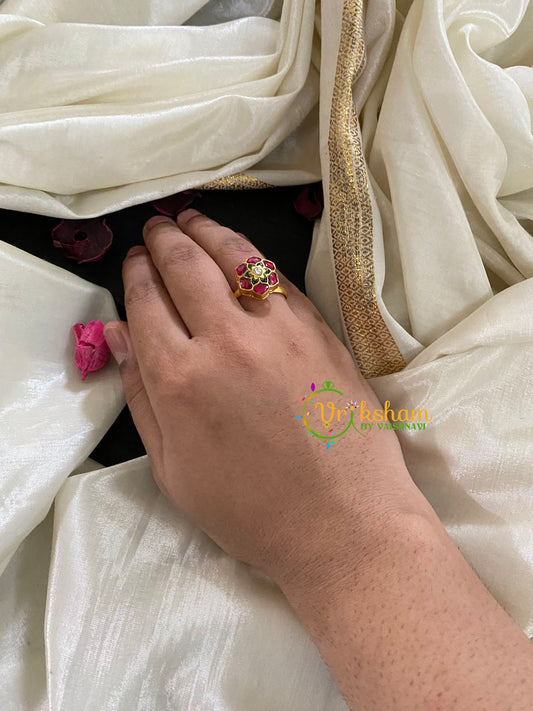 Precious Jadau Kundan Floral Finger Ring-Red Green 6-G4363