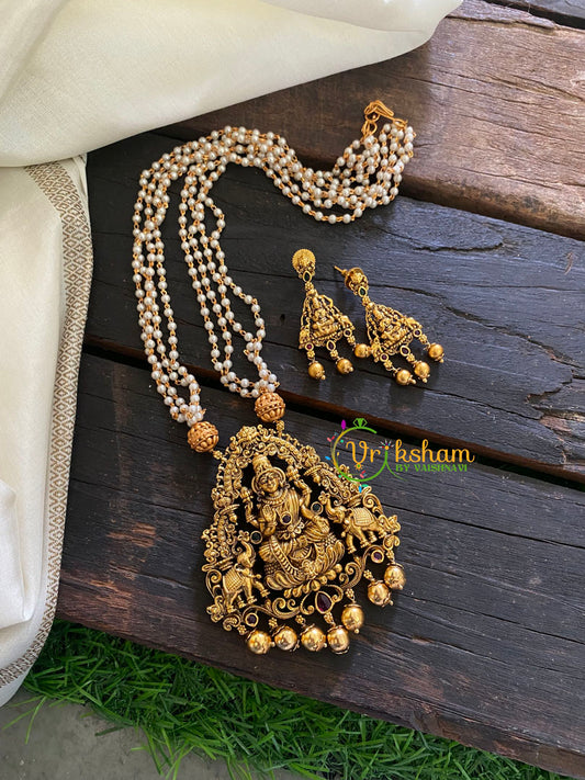 Premium Lakshmi Pendant Pearl Malai-Elephants-Gold Bead-G3556