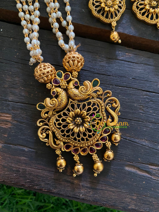 Premium Lakshmi Pendant Pearl Malai-Peacock-Red Green-G3581