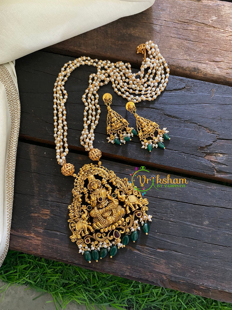 Premium Lakshmi Pendant Pearl Malai-Elephants-Green bead Pearl-G3583