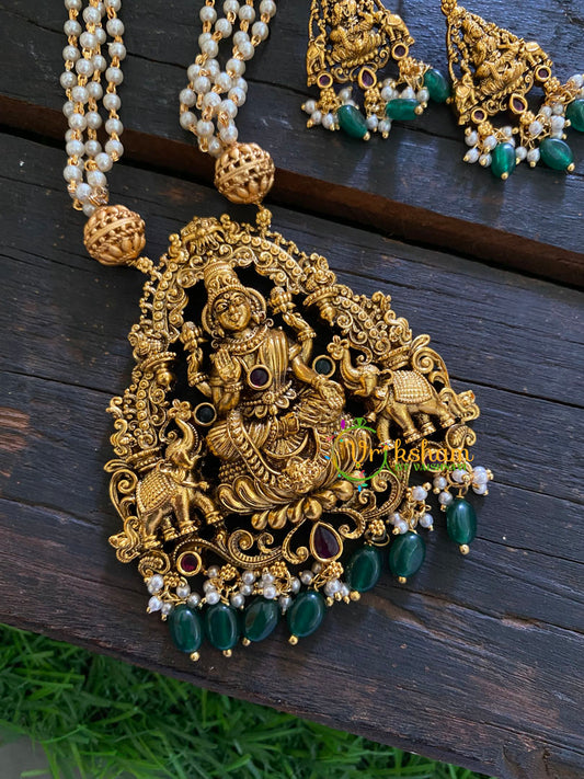 Premium Lakshmi Pendant Pearl Malai-Elephants-Green bead Pearl-G3583