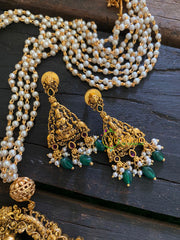 Premium Lakshmi Pendant Pearl Malai-Elephants-Green bead Pearl-G3583