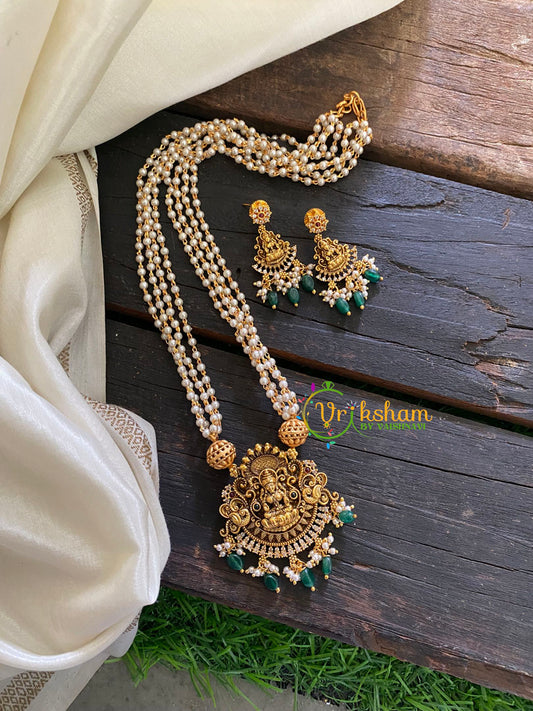 Lakshmi Pendant Pearl Malai-Peacock-Green Bead Pearl-G3582