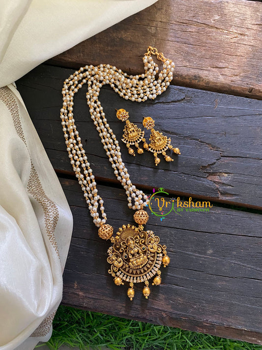 Premium Lakshmi Pendant Pearl Malai-Peacock-Gold Bead-G3558