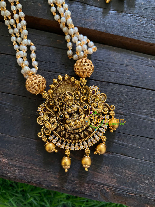 Premium Lakshmi Pendant Pearl Malai-Peacock-Gold Bead-G3558