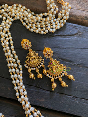 Premium Lakshmi Pendant Pearl Malai-Peacock-Gold Bead-G3558