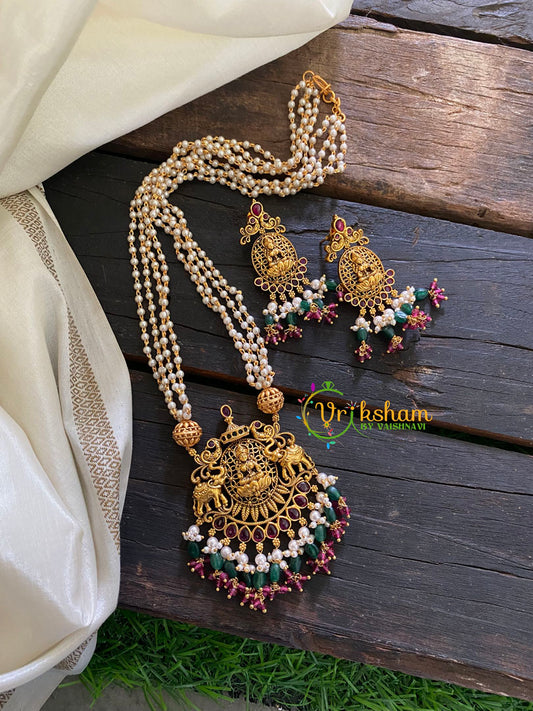 Premium Lakshmi Pendant Pearl Malai-Elephants-Green and Pink bead -G3557