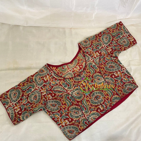 Red Blue Kalamkari Printed Readymade Cotton Blouse -VS1880