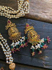 Premium Lakshmi Pendant Pearl Malai-Elephants-Green and Pink bead -G3557