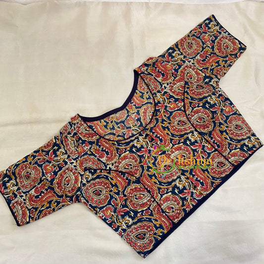 Blue Red Yellow Kalamkari Printed Readymade Cotton Blouse  -VS1873