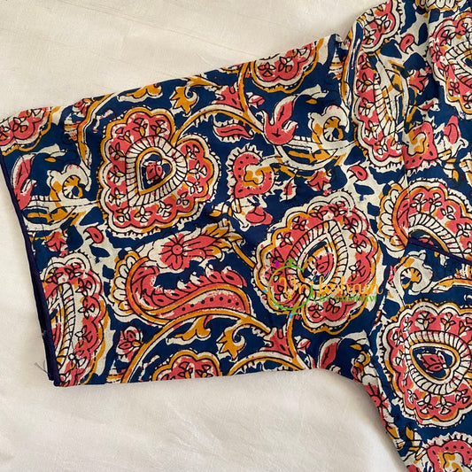 Blue Red Yellow Kalamkari Printed Readymade Cotton Blouse  -VS1873