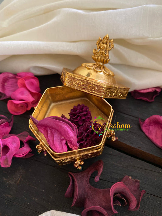 Gold Look Alike Lakshmi Kumkum Box-Hexagon Red Green Bead-G3473