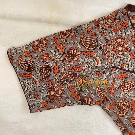 Grey with Orange Premium Kalamkari Readymade Blouse -Kalamkari Print -  -VS1250