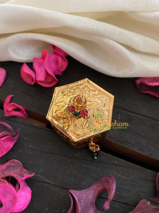 Gold Look Alike Hexagon Kumkum Box-Green Red Bead-G3463