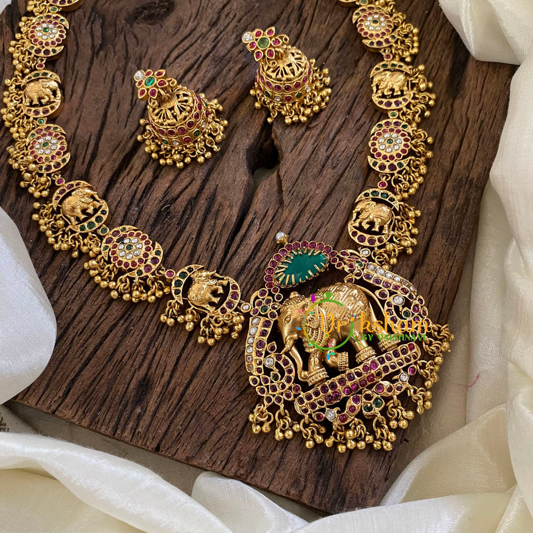 Elephant Pendant Antique AD Stone Long Neckpiece-Gold Bead-G10497