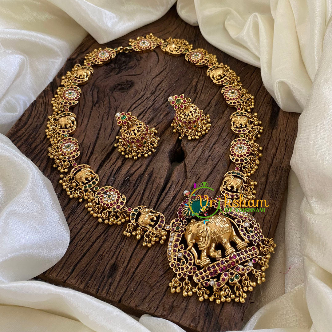 Elephant Pendant Antique AD Stone Long Neckpiece-Gold Bead-G10497