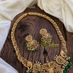 Premium Antique Temple Haram - Lakshmi Haram -Green Bead -G10458