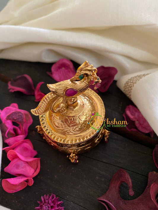 Gold Look Alike Peacock Kumkum Box-Red Green-G3477