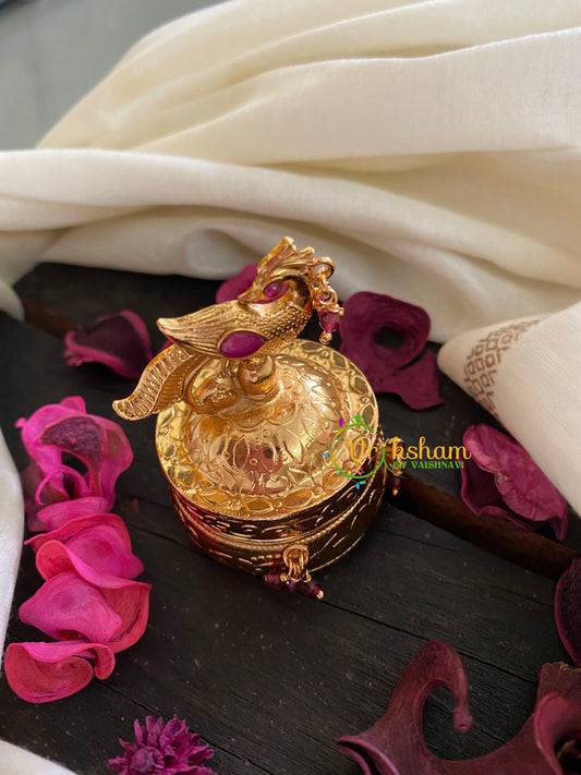 Gold Look Alike Peacock Kumkum Box-Red-G3476