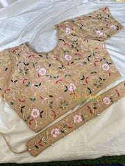 Premium Hand Embroidered Readymade Blouse-Sandal Beige-VS607