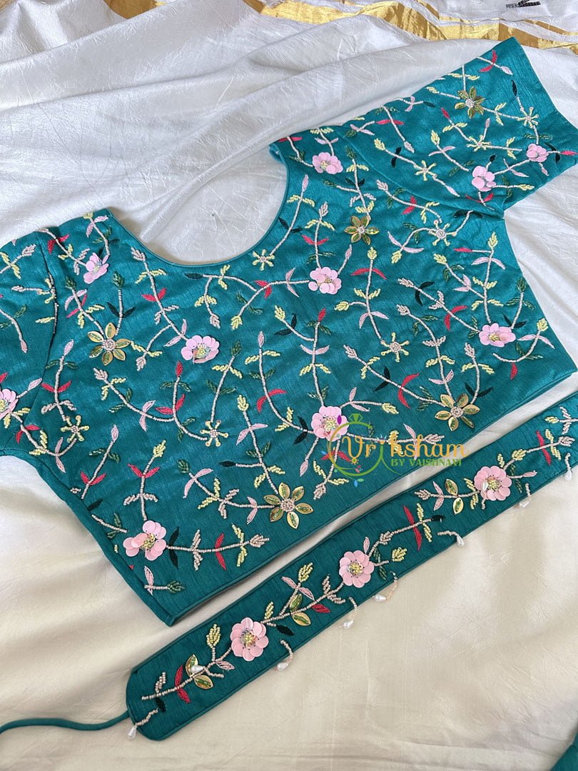 Premium Hand Embroidered Readymade Blouse-Teal Blue-VS602