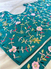 Premium Hand Embroidered Readymade Blouse-Teal Blue-VS602