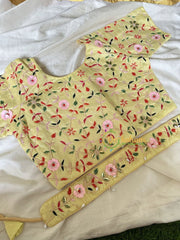 Premium Hand Embroidered Readymade Blouse-Light Yellow-VS606