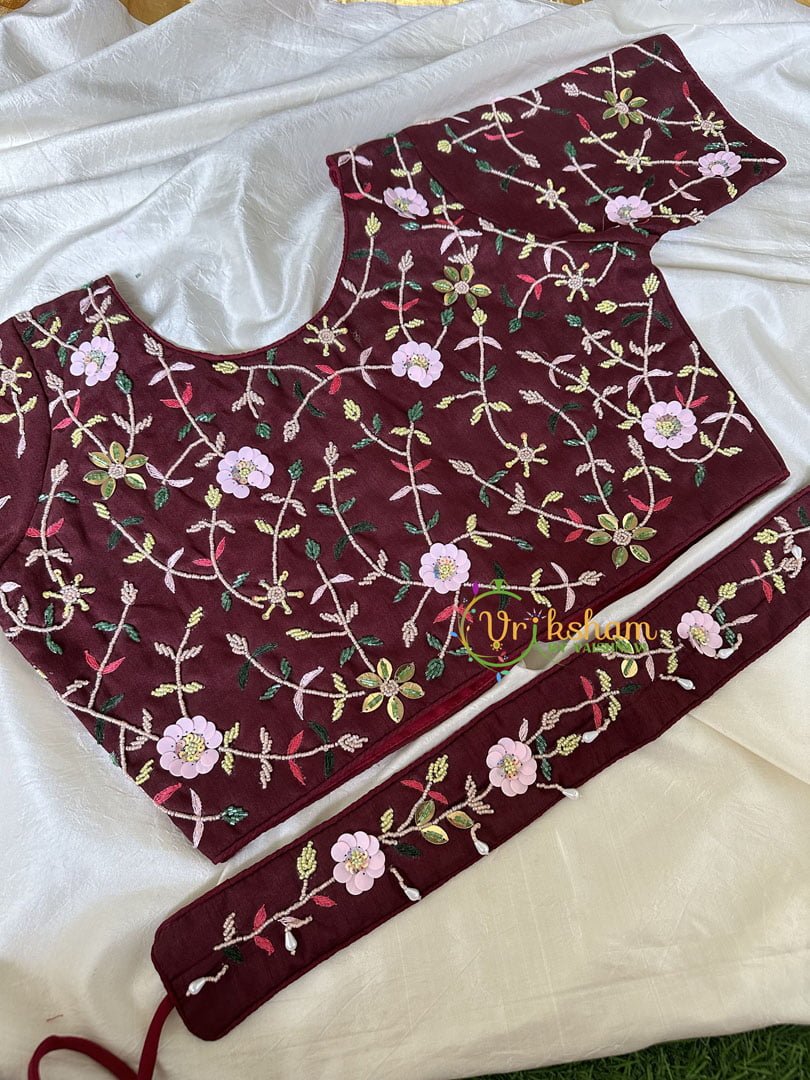 Premium Hand Embroidered Readymade Blouse-Maroon-VS608