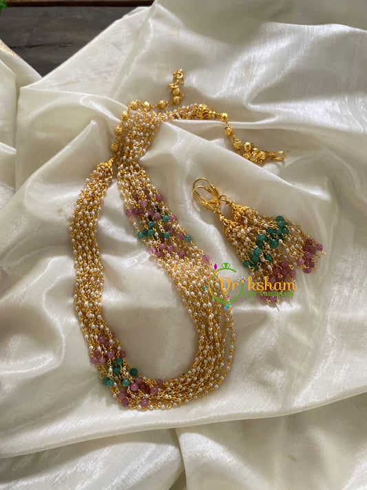 Layered  Pearl White and Pastel beads Malai-Gold Bead-G3575