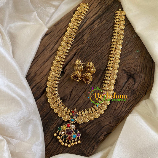 Traditional Lakshmi Kaasumala with pendant- Long Neckpiece-Navrathna-G10483