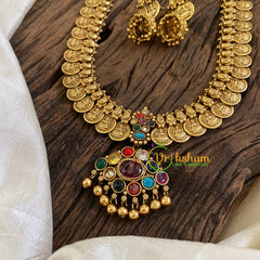 Traditional Lakshmi Kaasumala with pendant- Long Neckpiece-Navrathna-G10483