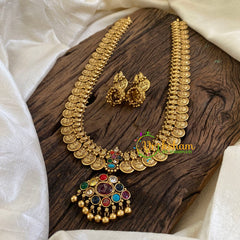 Traditional Lakshmi Kaasumala with pendant- Long Neckpiece-Navrathna-G10483