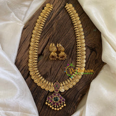 Traditional Lakshmi Kaasumala with pendant- Long Neckpiece-Red Green-G10482