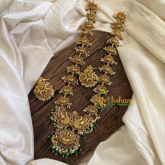 Premium Antique Temple Haram - Lakshmi Haram -Green Bead-G10487