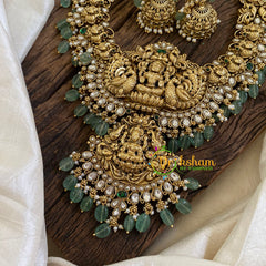Gold Look Alike Antique Temple Haram - Lakshmi Haram-White Green-green Bead -G10479