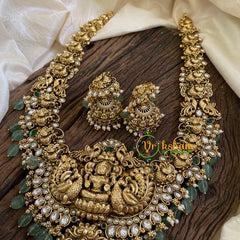 Gold Look Alike Antique Temple Haram - Lakshmi Haram-White Green-green Bead -G10479