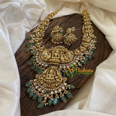 Gold Look Alike Antique Temple Haram - Lakshmi Haram-White Green-green Bead -G10479